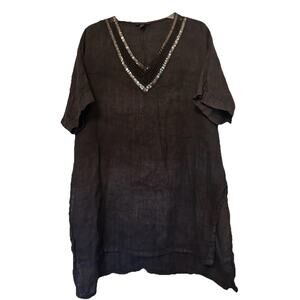 SAKS FIFTH AVENUE Medium 100% Linen Black Oversized Tunic Top‎ Beading Laganlook